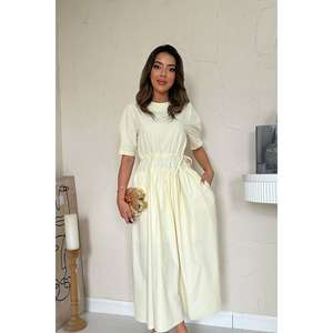 <b>Yellow</b> A-Line Poplin <b>Dress</b> Elastic Waist O-Neck Breathable Casual Daily Wear - Product Image 4