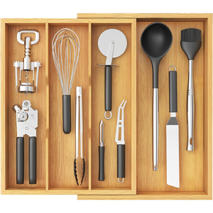 Organizador de utensilios de madera ajustable <span class=keywords><strong>para</strong></span> cajones, bandeja expandible <span class=keywords><strong>para</strong></span> utensilios de cocina, divisor <span class=keywords><strong>para</strong></span> cubiertos y vajilla - Product Image 1
