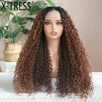 Perruque Synthétique de Luxe X-TRESS Bouclée Crépue, Modèle T-Part en Dentelle Ombrée Sans Colle, Résistante à la Chaleur, pour Femmes Noires