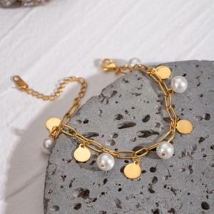 18K Gold-plated Stainless Steel Imitation <b>Pearl</b> <b>Bracelet</b> Fashionable Geometric Circular Simple <b>Bracelet</b> - Product Image 2