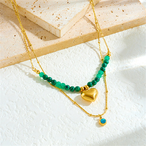 Simple Stylish Luxurious Punk Women's Necklace Double-layered Design <strong>Emerald</strong> Green <strong>Beads</strong> Heart-shaped Pendant Stainless Steel - Product Image 2
