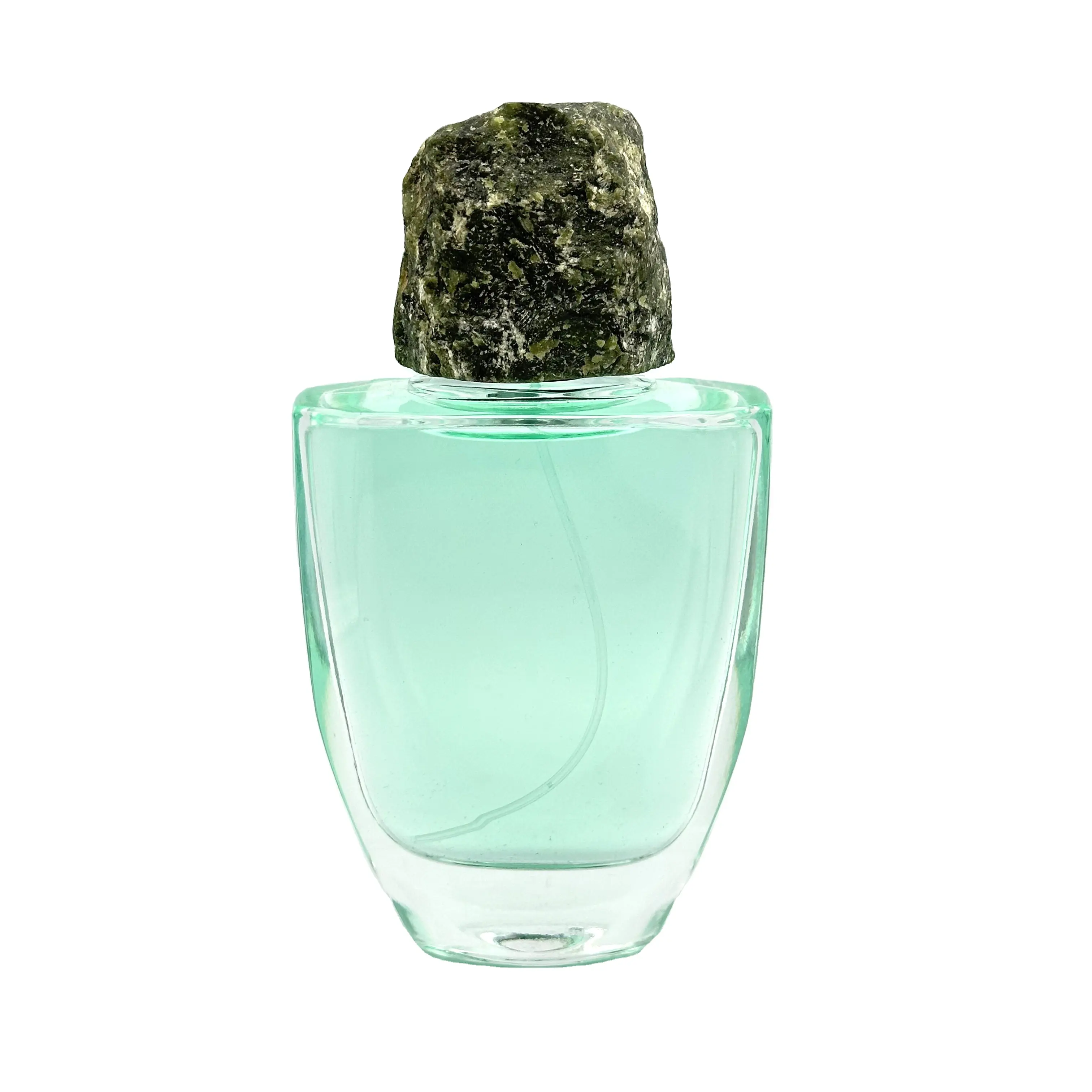 Entrega rápida Venta caliente plana transparente de lujo botella de Perfume de vidrio en aerosol 100ml con tapa de piedra