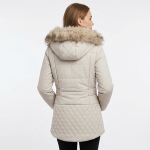 <b>White</b> Woven Solid Quilted Polyester Wadding Jacket Women Hooded Winter <b>Coat</b> with Fur Trim <b>Belted</b> Outerwear - Product Image 2