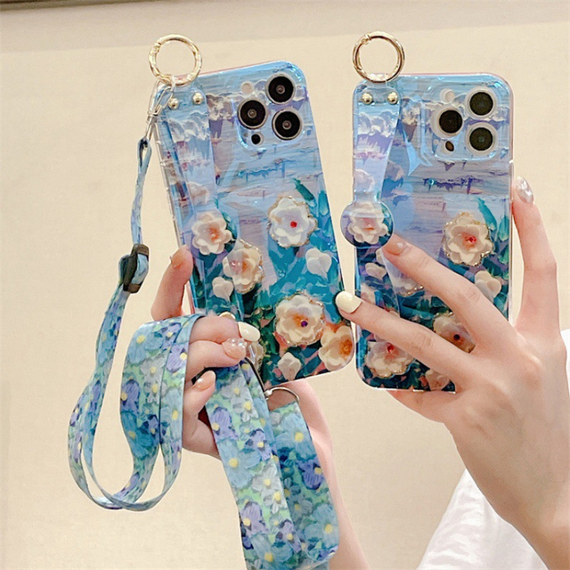 Diamond Oil Painting Flower Phone Holder Case with Crossbody Lanyard for iPhone 17 Pro Max 16 15 Mini SAMSUNG S 25 ULTRA