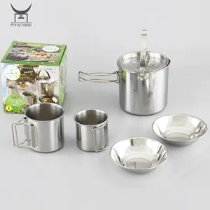 Grosir Panci Ketel Berkemah Luar Ruangan, Panci Stainless Steel Peralatan Masak Aneka Peralatan Cangkir & Mangkuk 5 Buah