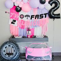 Dekorasi Ulang Tahun Two Fast Two Curious untuk Anak Perempuan, Spanduk Two Fast Two Curious, Mobil Balap Pink, Perlengkapan Pesta Balap Ulang Tahun ke-2