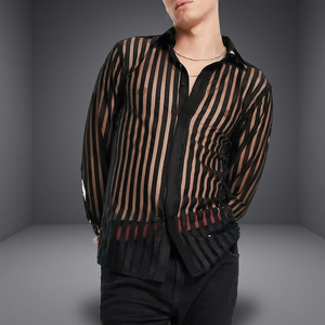Stock ODM <b>Men's</b> Sexy <b>See</b>-<b>through</b> Plus Size Dot Printed Long Sleeve Loose Casual <b>Shirt</b> Anti-Wrinkle Breathable Polyester Spring - Product Image 4