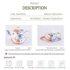 <b>Bone</b> <b>China</b> <b>Tea</b> <b>Set</b> - Blue and White Lotus Teapot with 2 Cups and Saucers - Product Image 6