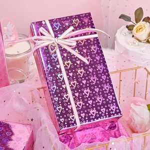 Beautiful and romantic pink holographic iridescent metallic hearts foil <b>wrapping</b> <b>paper</b> for Valentine's Day and wedding - Product Image 2