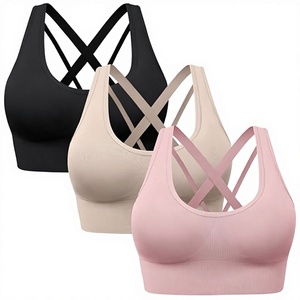 Sujetador deportivo para mujer, bralette con espalda cruzada, estilo racerback, transpirable, sin costuras, con relleno extraíble, soporte medio, color liso - Product Image 2