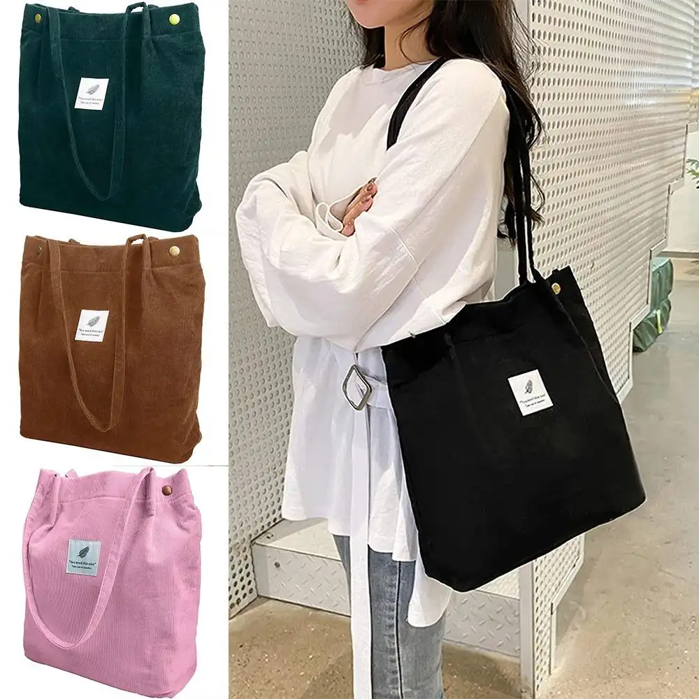 Eco Friendly Custom Logo Reusable Casual Outdoor Party Corduroy Shoulder Shopping Bags Tote Bag with Button