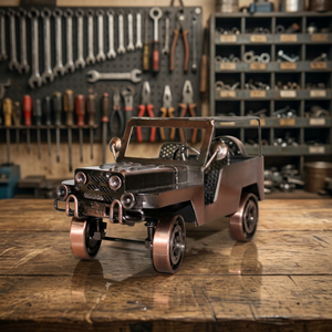 Sculpture de voiture Jeep en métal moderne, artisanale, par NIRMALA HANDICRAFT |   Décoration de table en fer finition cuivre antique du Rajasthan - Product Image 6