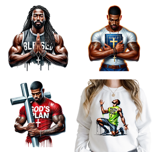 Autocollants thermocollants lavables DTF avec citation chrétienne inspirante <span class=keywords><strong>sur</strong></span> <span class=keywords><strong>le</strong></span> thème de la foi et des hommes qui prient, prêts à être pressés <span class=keywords><strong>sur</strong></span> les vêtements - Product Image 1