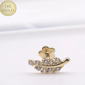 Lotus Wholesale Clous d'oreille en or massif 9K 14K 18K avec feuille de zircon et vis à filetage interne, bijoux de piercing fin pour hélix - Product Image 3