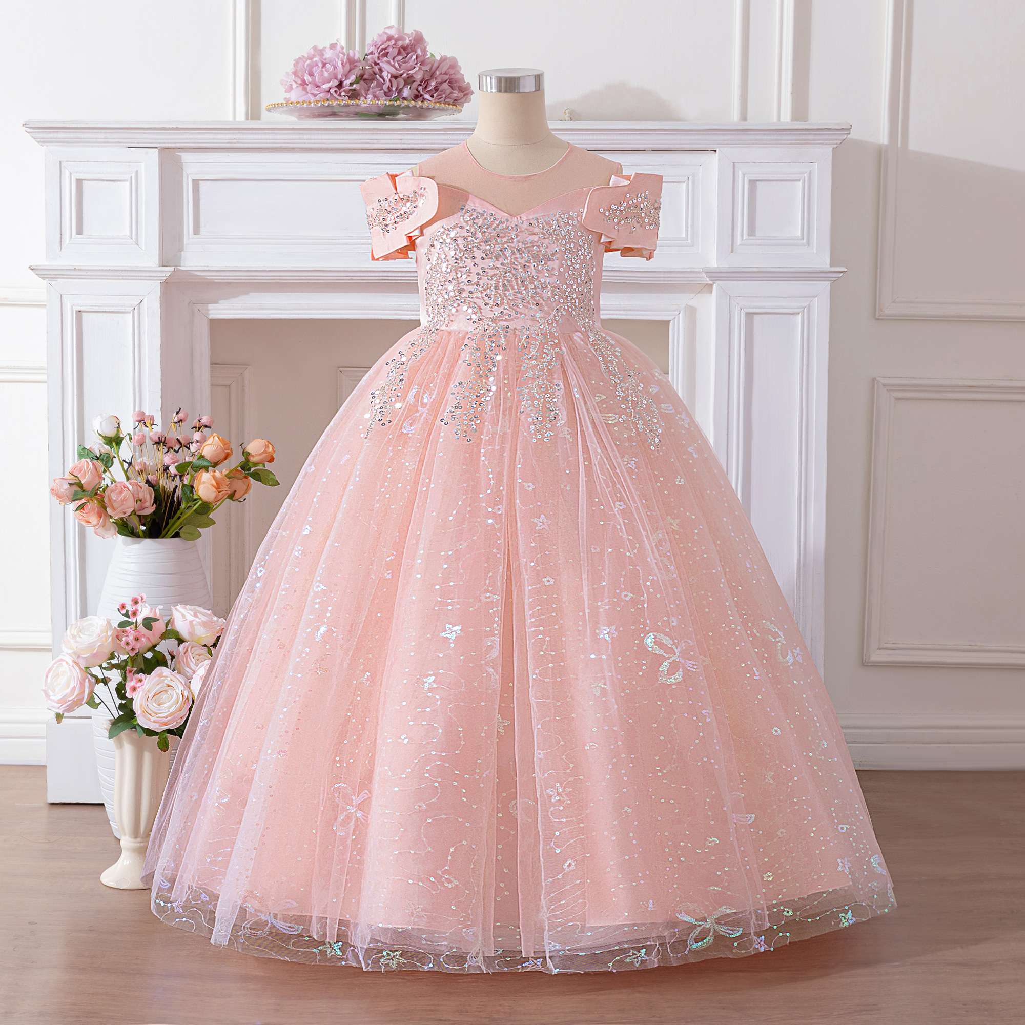 strapless open back dress Elegant Luxury Off-The-Shoulder Ball Gown Wedding Dress With 3D Floral Champagne / 16