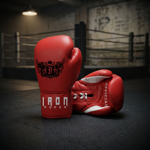 ถุงมือชกมวยหนังสีแดงพิมพ์ลายดิจิตอลแบบกำหนดเอง ยี่ห้อ Iron Punch แบบผูกเชือก ปิดนิ้วเต็มรูปแบบ อุปกรณ์ฝึกซ้อมระดับมืออาชีพสำหรับผู้ใหญ่ - Product Image 2