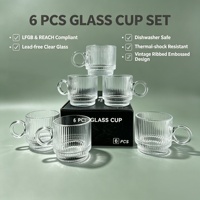 Lot de 6 tasses à café en verre transparent côtelé avec poignées, tasses à rayures verticales en relief pour thé, lait, latte et vaisselle de table pour la maison ou le café
