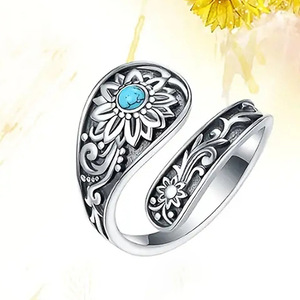 Anello Floreale Boho per Donne, Stile Vintage Turchese, Regolabile, Gioiello Etnico di Tendenza, Anello Minimalista - Product Image 5