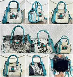 Premium Hair On Cowhide <b>Genuine</b> Leather Small Speedy Duffel Bags Luxury Turquoise Stone Concho Crossbody Handbags For Unisex - Product Image 3
