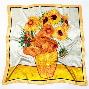 Pañuelo de Seda Cuadrado con Estampado de Pintura al Óleo de Girasoles Famosos, Pañuelo Artístico Amarillo Inspirado en <span class=keywords><strong>Van</strong></span> <span class=keywords><strong>Gogh</strong></span> para Mujer - Product Image 1