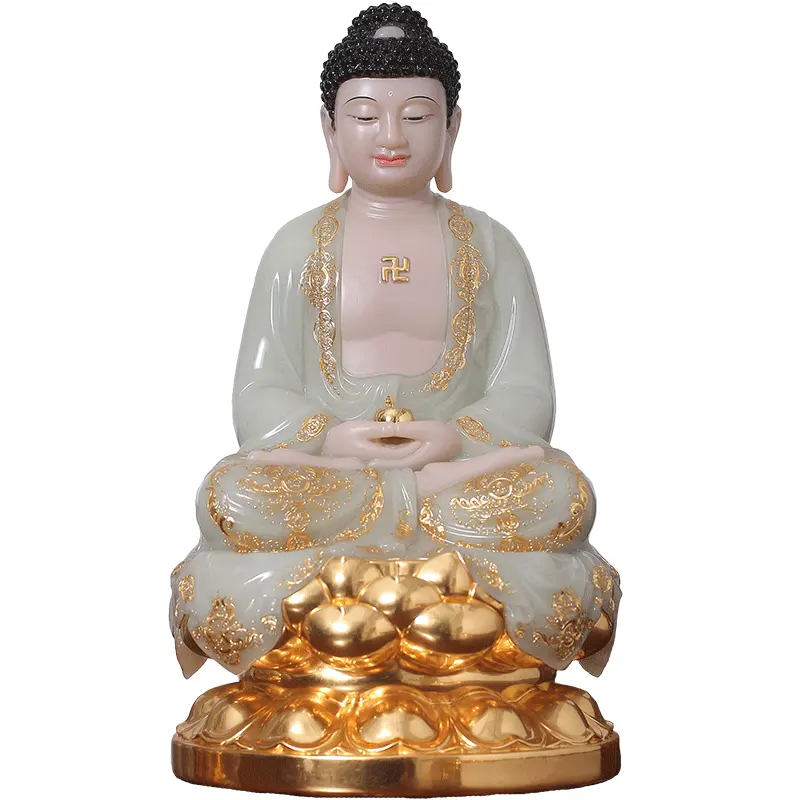 Witte Jade Sakyamuni Boeddha Beelden Voor Home Decoratie Boeddha Jade Wit Marmer Ingelegd Gouden Lotus Base Guanyin