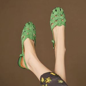 Fashion Weave Anti-Slippery Genuine Leather Sandals for Women Comfortable <b>Flats</b> Toe Shoes 2025 <b>Summer</b> Hollowed Roman Style Green - Product Image 4