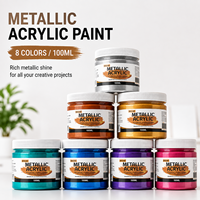 Peinture Acrylique Métallique 8 Couleurs 100ml Pot à Large Ouverture Imperméable Non Toxique Or Argent Bronze pour Toile Pierre Bois Art DIY
