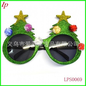 Christmas Tree Glasses <b>Green</b> <b>Glitter</b> Pom Pom Party Props LPS0069 - Product Image 1