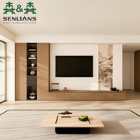 Nouvelle colonne d'affichage lumineuse murale TV de style chinois avec panneau artistique paysage à l'encre et base en bois avec tiroirs