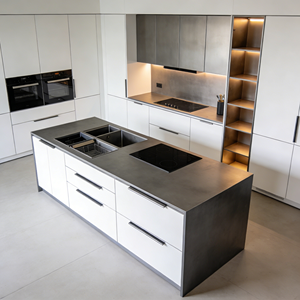 Meubles <span class=keywords><strong>de</strong></span> cuisine minimalistes sans poignées <span class=keywords><strong>avec</strong></span> finition ultra brillante, évier et <span class=keywords><strong>plaque</strong></span> <span class=keywords><strong>de</strong></span> <span class=keywords><strong>cuisson</strong></span> intégrés - Product Image 1