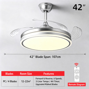 พัดลมเพดาน <span class=keywords><strong>LED</strong></span> ขนาด 42 นิ้ว พร้อมรีโมทคอนโทรล มอเตอร์ DC เงียบพิเศษ ปรับความสว่างได้ ใบพัดแบบพับเก็บได้ สำหรับห้องนั่งเล่น - Product Image 2