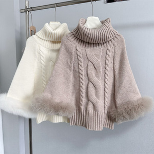 เสื้อคลุมไหมพรมถักลายบิดเกลียว คอสูงทรงหลวม แขนเสื้อแบบปะติดปะต่อขนฟูสำหรับผู้หญิง แฟชั่นเสื้อสเวตเตอร์ทรงปีกค้างคาว - Product Image 1