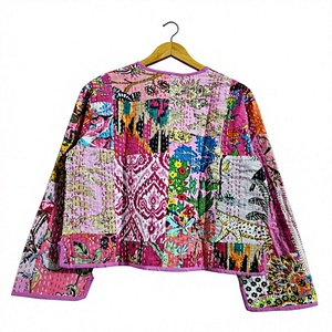 Veste matelassée rose patchwork pour femme, col en V, manches longues, vêtement d'extérieur d'automne, manteau imprimé en polyester tissé avec poche, cadeau pour elle - Product Image 4
