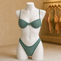 Maillot de bain personnalisé avec breloques, imprimé gingham, tissu recyclé texturé scintillant, bordure contrastante, sans rembourrage, ensemble bikini pour femmes