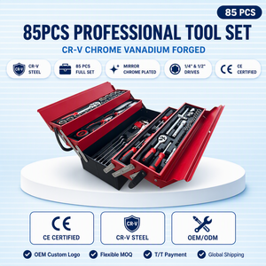 Kit d'outils de 85 pièces avec valise à roulettes et boîte en aluminium, quatre niveaux de combinaisons d'outils de quincaillerie - Product Image 1