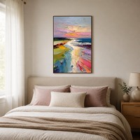 Peinture à l'huile abstraite personnalisée peinte à la main sur toile, coucher de soleil sur la côte rose, violette et bleue, art mural impasto pour la décoration de salon