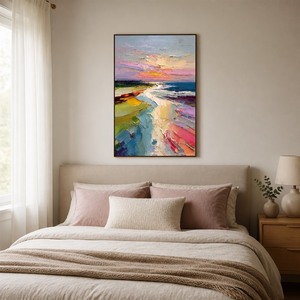 Dipinto a Olio Astratto Personalizzato su Tela, Tramonto sulla Costa Rosa Viola Blu, Arte Murale a Impasto per Soggiorno e Arredamento Casa - Product Image 3