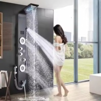 Colonne de douche thermostatique multifonction en acier inoxydable brossé noir avec panneau de douche pluie et cascade