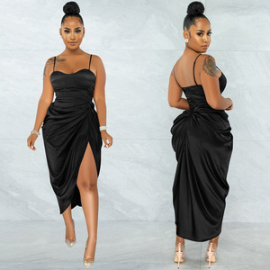 Atacado Cor Sólida Spaghetti Strap High Slit Dress Sexy Camisola Vestido Evening Party <span class=keywords><strong>Prom</strong></span> Satin Dress - Product Image 2