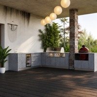 Cuisine extérieure grise, îlot barbecue, meubles modulaires en acier inoxydable résistant aux intempéries, cuisinière en marbre, en forme de L, avec évier