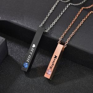 Engraved Stainless Steel Vertical Bar <b>Name</b> Couple <b>Custom</b> Mental <b>Necklace</b> Personalized Blue Pink Stone Women Men Jewelry - Product Image 5