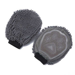 Gants de bain pour animaux de compagnie en chenille gris 19x25cm, massage en silicone pour le nettoyage des chiens, outil d'épilation - Product Image 1
