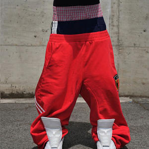 Pantalon large en pur coton pour homme, coupe ample, double taille, broderie rayée rouge, style coréen, léger et décontracté - Product Image 1