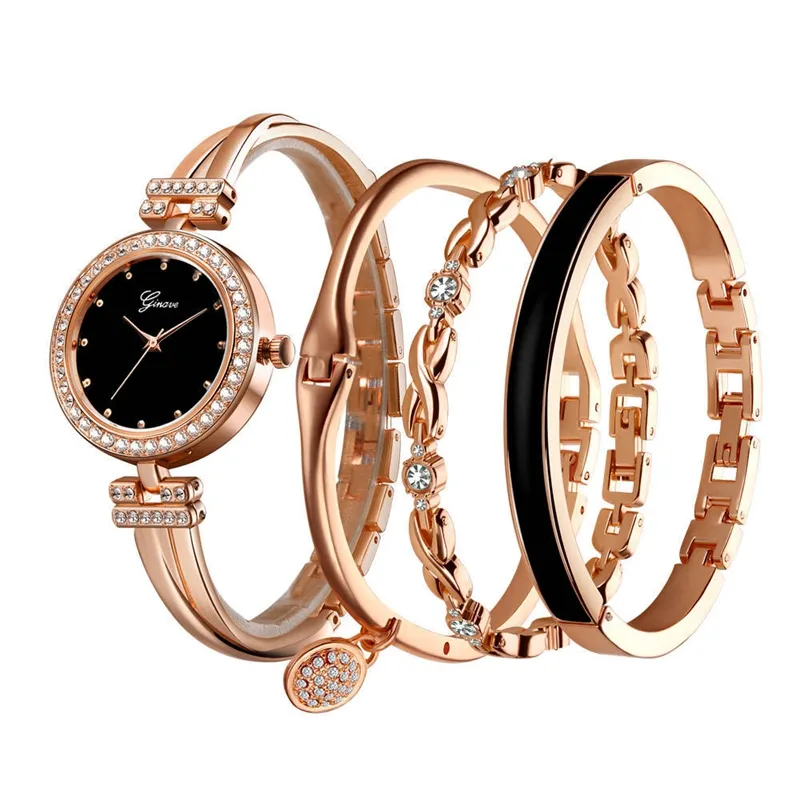 Conjunto de relógio genave 4 pcs, conjunto de relógio feminino ouro rosa pulseira diamante joias de luxo senhoras menina relógios de pulso quartzo casual
