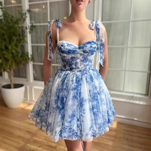 Vestido de Noche Corto de Organza con Estampado Floral y Hombros Descubiertos, Cintura Imperio, Capa Transparente, Vestido de Moda para Mujer - Product Image 3