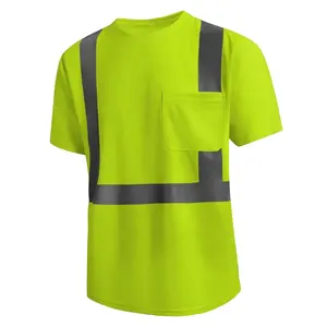 Hi viz work shirt Quick Dry Reflective Short Sleeve Breathable Bird eyes T-Shirt with Pocket for Construction Work.