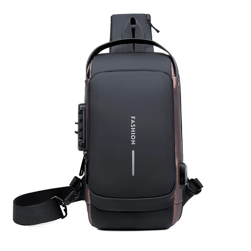 2022Wholesale New Fashion Front Chest Bag PU Leather Waterproof Sling Bag Men Shoulder Bag Crossbody Earphone Black Light USB