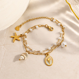 Pulsera de Moda con Doble Cadena de Perlas, Bañada en Oro, con Colgantes de Concha, Estrella de Mar y Corazón, Joyería Apilable para la Playa - Product Image 4