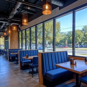 Set di Mobili Moderni per Caffetteria, Fast Food e Ristorante: Tavolo Quadrato in Legno, Sedie in Velluto <span class=keywords><strong>Blu</strong></span> e Divanetti - Product Image 6