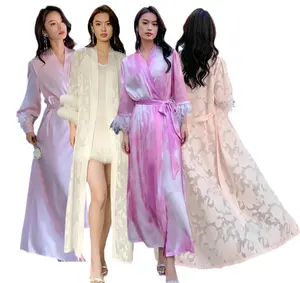 New Design 2023 OEM Satin Bathrobe Feather Party Sleepwear Women Fur Bridesmaid Feather Bridal Robes